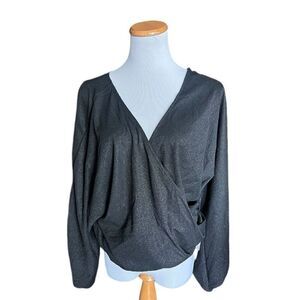 NWT Womens Just Fab JustFab Metallic Shimmer Black Ribbed Faux Wrap Top Blouse M